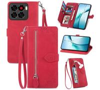 Fertuo Coque pour ZTE Blade A56, Étui Housse en Cuir PU à Rabat avec Porte Carte, Chiusura Magnétique [Motif de Fleur] Flip Cover Intérieure en Silicone Case Antichoc Portefeuille, Rouge