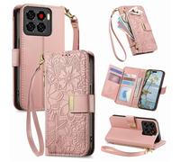 Fertuo Coque pour ZTE Blade A56, Fleur Étui Housse en Cuir PU à Rabat Portefeuille Antichoc avec Porte Carte, Poche Zippée, Chiusura Magnétique, Dragonne et Support Cover Case Femme, Rose
