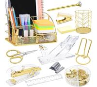 FERXIDI Organisateurs de bureau dorés et accessoires, fournitures de bureau pour bureau, ensemble de 13 pièces avec agrafeuse en acrylique, distributeur de ruban, dissolvant d'agrafes, porte-stylo,