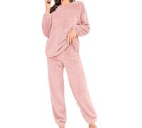 feryitao Vêtements de nuit grande taille pour femmes, ensemble de pyjama d'hiver en flanelle douce, pantalon de pyjama en peluche à taille élastique, tenue décontractée pour le week-end, rose, 5XL