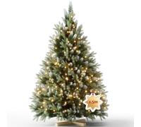 Ferzone 150cm Sapin de Noël Artificiel Vert avec Moins de Neige Blanche & 200 Lumineux LED, 452 Pointes de Sapin en PVC/PE, Arbre de Noël avec Pied en Bois, Montage Facile&Design Pliant