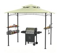 Ferzone Abri Barbecue Exterieur 245x153x250cm avec Double Toit, Tonnelle de BBQ Métal avec Tablettes de Service&Panier&Ouvre-Bouteille&Crochets, Pergola Gazebo pour Grill Jardin Fêtes Patio, Beige