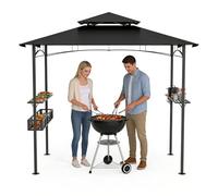Ferzone Abri Barbecue Exterieur 245x153x250cm avec Double Toit, Tonnelle de BBQ Métal avec Tablettes de Service&Panier&Ouvre-Bouteille&Crochets, Pergola Gazebo pour Grill Jardin Fêtes Patio, Noir