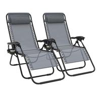 Ferzone Lot de 2 Chaise Longue Pliable, Bain de Soleil inclinable avec revêtement Textilene, Charge Max 120kg, transat Jardin extérieur avec Appui-tête et Porte-gobelet pour Camping Balcon-Gris