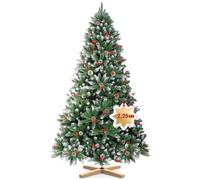 Ferzone Sapin de Noël Artificiel 225cm avec Neige Blanche Sprayée, 1250 Branches en PVC, 44 Strobiles de Sapin & 53 Fruits Rouges, Arbre de Noël Vert avec Support en Bois, pour Extérieur Intérieur