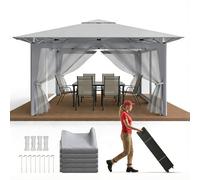 Ferzone Tonnelle de Jardin Pliante 3.6x3.6M, Pop up Tente Extérieure-Anti-UV, Tissu étanche, Hauteur Réglable, avec 4 Moustiquaire&Piquets de Sol&Cordes Anti-Vent&Valise de Transport, Gris Clair