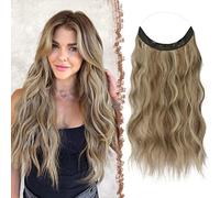 FESHFEN Extension Cheveux Fil Invisible Naturel - Longue Ondulés Secrets Wire Hair Extensions Synthétique Rajout Postiche Cheveux pour Femme, Brun Caramel Mélangé à un Blond Cendré 40 cm