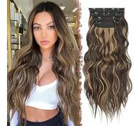 FESHFEN Extension Clip Cheveux Ondulés - 4 PCS Longue Ondulées Bouclées Extensions à Clip Cheveux Synthétique Naturel Postiche pour Femme 50 cm Marron chocolaté éclairé Blond caramel
