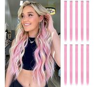 FESHFEN Extension de Cheveux Colorés, Couleur Rose Extensions de Cheveux 10 PCS Naturel Synthétique colorés Postiche Cheveux Long Raides Extensions de Cheveux pour Femmes 55 cm