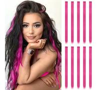 FESHFEN Extension de Cheveux Colorés, Couleur Rose Pink Extensions de Cheveux 10 PCS Naturel Synthétique colorés Postiche Cheveux Long Raides Extensions de Cheveux pour Femmes 55 cm