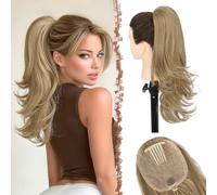 FESHFEN Extension Queue de Cheval Coupe Dégradée, Pince à Peigne Cordon Longue Ondulée Extensions de Cheveux Synthétiques Postiche pour Femmes, Mélange Blond et Blond Cendré 48cm