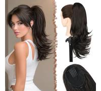 FESHFEN Extension Queue de Cheval Coupe Dégradée, Pince à Peigne Cordon Longue Ondulée Extensions de Cheveux Synthétiques Postiche pour Femmes, Noir Brun 48cm