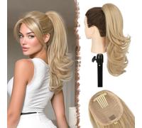 FESHFEN Extension Queue de Cheval Coupe Dégradée, Pince à Peigne Cordon Longue Ondulée Extensions de Cheveux Synthétiques Postiche pour Femmes, Blond Clair 48cm