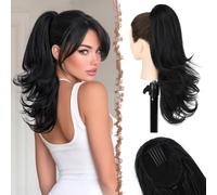 FESHFEN Extension Queue de Cheval Coupe Dégradée, Pince à Peigne Cordon Longue Ondulée Extensions de Cheveux Synthétiques Postiche pour Femmes, Noir 48cm