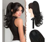 FESHFEN Extension Queue de Cheval Coupe Dégradée, Pince à Peigne Cordon Longue Ondulée Extensions de Cheveux Synthétiques Postiche pour Femmes, Noir Naturel 48cm