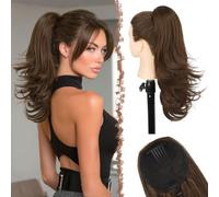 FESHFEN Extension Queue de Cheval Coupe Dégradée, Pince à Peigne Cordon Longue Ondulée Extensions de Cheveux Synthétiques Postiche pour Femmes, Mélange Brun et Auburn 48cm