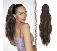FESHFEN Extension Queue de Cheval Pince, Postiche Cheveux Naturel Ondulées Ponytail Longue Extensions de Cheveux Synthétique Fausse Queue Cheval pour Femme, 50 cm Brun Noir Métissé Brun Clair