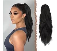 FESHFEN Extension Queue de Cheval Pince, Postiche Cheveux Naturel Ondulées Ponytail Longue Extensions de Cheveux Synthétique Fausse Queue Cheval pour Femme, 50 cm Noir Cassé