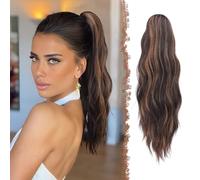 FESHFEN Extension Queue de Cheval Pince, Postiche Cheveux Naturel Ondulées Ponytail Longue Extensions de Cheveux Synthétique Fausse Queue Cheval pour Femme, 50 cm Noir et Brun Caramel