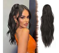 FESHFEN Extension Queue de Cheval Pince, Postiche Cheveux Naturel Ondulées Ponytail Longue Marron Noir Extensions de Cheveux Synthétique Fausse Queue Cheval pour Femme, 50 cm