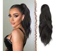 FESHFEN Extension Queue de Cheval Pince, Postiche Cheveux Naturel Ondulées Ponytail Longue Noir Naturel Extensions de Cheveux Synthétique Fausse Queue Cheval pour Femme, 50 cm