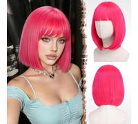 FESHFEN Hot Pink Courte Bob Perruque avec Franges, 30 cm Droites Coloré Perruques de Cheveux Synthétiques Cosplay Utilisation Quotidienne De La Fête pour Femmes Carnaval Straight Bob Wig With Bangs