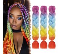 FESHFEN Jumbo Braids Tresse 3 PCS Extension de Cheveux Synthétique Kanekalon Coloré Braiding Meches Africaine Pour Crochet Twist Tressage, Violet/Bleu/Jaune/Orange 60 cm