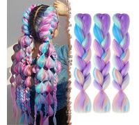 FESHFEN Jumbo Braids Tresse 3 PCS Extension de Cheveux Synthétique Kanekalon Coloré Braiding Meches Africaine Pour Crochet Twist Tressage, Violet/Bleu/Rose/Vert 60 cm