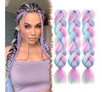 FESHFEN Meche Cheveux pour Tresse - Lot de 3 Meches pour Tresses Africaine Braids Mèche Rajout Cheveux Tresses Synthétique Jumbo Extension de Cheveux Femme, 60 cm Rose/Blanc/Bleu Clair/Violet Clair