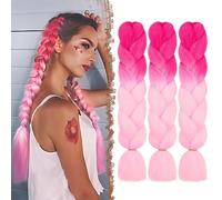 FESHFEN Meche Cheveux pour Tresse - Lot de 3 Meches pour Tresses Africaine Rose Ombré Braids Mèche Rajout Cheveux Tresses Synthétique Jumbo Extension de Cheveux Femme, 60 cm