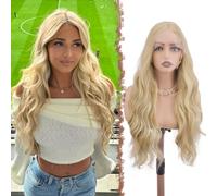 FESHFEN Perruque Lace Front pour Femme Cheveux Synthétiques Longue Ondulés Naturelle Sans Colle Cheveux HD Lace, Reflets Blond 70 cm