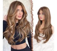 FESHFEN Perruque Longue pour Femmes Perruque avec Frange Dégradé Cheveux Naturelle Synthétique Résistante à la Chaleur Perruques Ondulé Utilisation Quotidienne, 65 cm Blond miel métissé brun clair