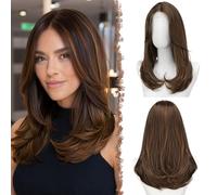FESHFEN Perruques Ondulés avec Frange - Perruques Lace Frontal Femmes Fêtes Perruque de Cheveux Longues Brun mélangé auburn Synthétiques Naturelle Ondulés Perruque, 45 cm