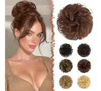 FESHFEN Postiche Chignon Naturel - 100% Humains Cheveux Ondulés Chouchou Postiches Extension Elastique pour Femme, Auburn Moyen