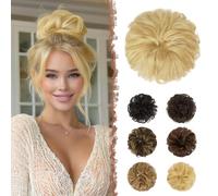 FESHFEN Postiche Chignon Naturel - 100% Humains Cheveux Ondulés Chouchou Postiches Extension Elastique pour Femme, Blond Décoloré
