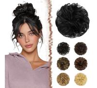 FESHFEN Postiche Chignon Naturel - 100% Humains Cheveux Ondulés Chouchou Postiches Extension Elastique pour Femme, Noir