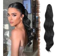 FESHFEN Postiche Queue de Cheval Extension Noir Longue Ondulées avec Pince Extensions de Cheveux Bouclée Synthétiques Postiches Ponytail pour Femmes, 50 cm Noir Cassé