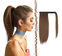 FESHFEN Postiche Queue de Cheval Lisse - Longue Ponytail Cheveux Postiches Brun mix Auburn Synthétique Rajout Queue de Cheval Extensions Long Wrap Around Ponytails Extension, 35 cm