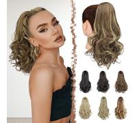 FESHFEN Queue de Cheval Extension avec Cordon, 38 cm Extensions de Cheveux Ondulées Synthétiques Postiche Bouclés pour Femmes, Brun Clair & Blond