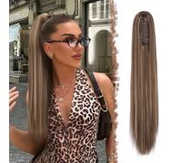 FESHFEN Queue de Cheval Lisse Pince - Postiche Cheveux Naturel Longue Raides Postiches Blond Miel Métissé Brun Clair Synthétique Fausse Claw Clip Ponytail Extensions pour Femmes, 70 cm