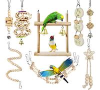 Fesjoy Jouets à Mâcher pour Perroquets Faits à la Main, Cloche en Bois Naturel, Balançoire, Ensemble D'escaliers pour Grimper, Jouer au Repos, 8 Pièces