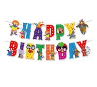 Fesnova Guirlande Happy Birthday Thème cirque Lettres colorées avec clowns et animaux Décoration de fête