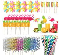Fesnova Lot de 120 brochettes à cocktail tropicales avec parapluies à cocktail et pailles en papier, thème hawaïen