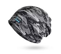 fesoklaf Bonnet Bluetooth avec écouteurs pour femme - Trou de queue de cheval - Sans fil - Musique - Bonnet souple avec micro et haut-parleurs stéréo, Camouflage - Gris, Taille unique