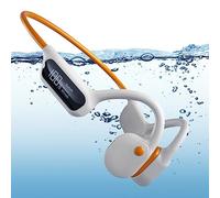 fesoklaf Casque de natation à conduction osseuse étanche IPX8 avec mémoire 32 Go, Bluetooth 5.3, sport oreilles ouvertes microphone sans fil pour course pied, natation, cyclisme, Orange/blanc