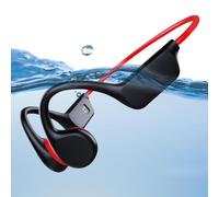 Fesoklaf Casque de natation étanche IPX8 Bluetooth 5.3 avec micro sans fil et mémoire 32 Go pour course à pied, natation, cyclisme, entraînement (rouge)