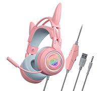 fesoklaf Joli Casque de Jeu Filaire RVB avec Micro antibruit, écouteurs Supra-Auriculaires avec Cornes de démon Amovibles pour Joueurs, Streamers, Cosplay (Rose)