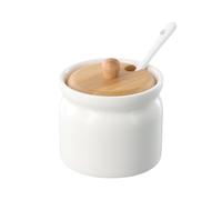 FESSOSKO Sucrier en Céramique, Boîte à épices en Céramique, Avec Couvercle en Bois et Cuillère en Porcelaine, 180ml, Convient pour Le Sucre, Le Sel, Le Fromage et Les épices, Blanc