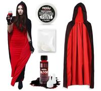 Festicy Cape à Capuchon Set I Cape Vampire avec 25ml de Faux Sang et Dents de Vampire I 140cm Cape Noire, Deguisement Halloween I Noire & Rouge I Costume Halloween Femme et Homme I Halloween Costume