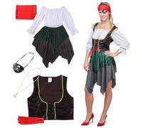 Festicy Costume Femme Pirate Set L - Taille L - Tenue avec robe, gilet, cache-oeil pirate, ceinture & plus - Déguisement pirate femme, Carnaval et Halloween 2025